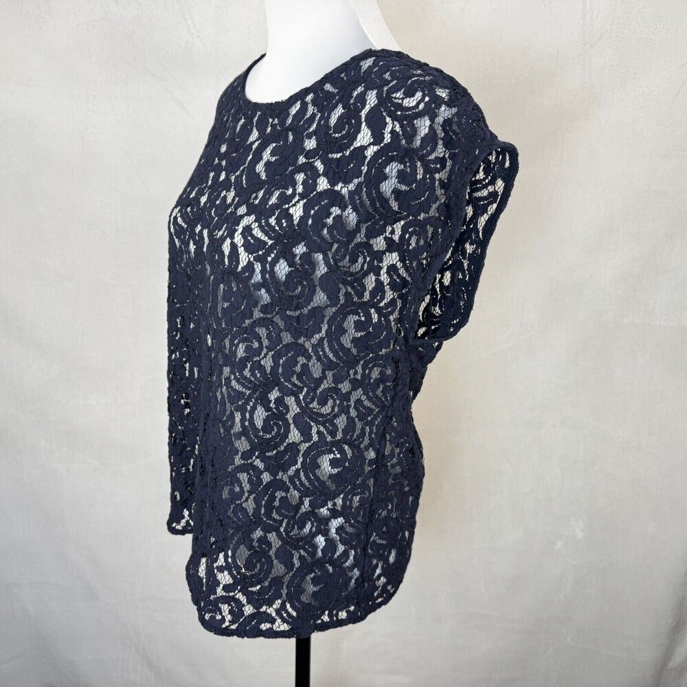 Loft Women Sz L Navy Lace Crochet Round Neck Cap Sleeve - Picture 3 of 6